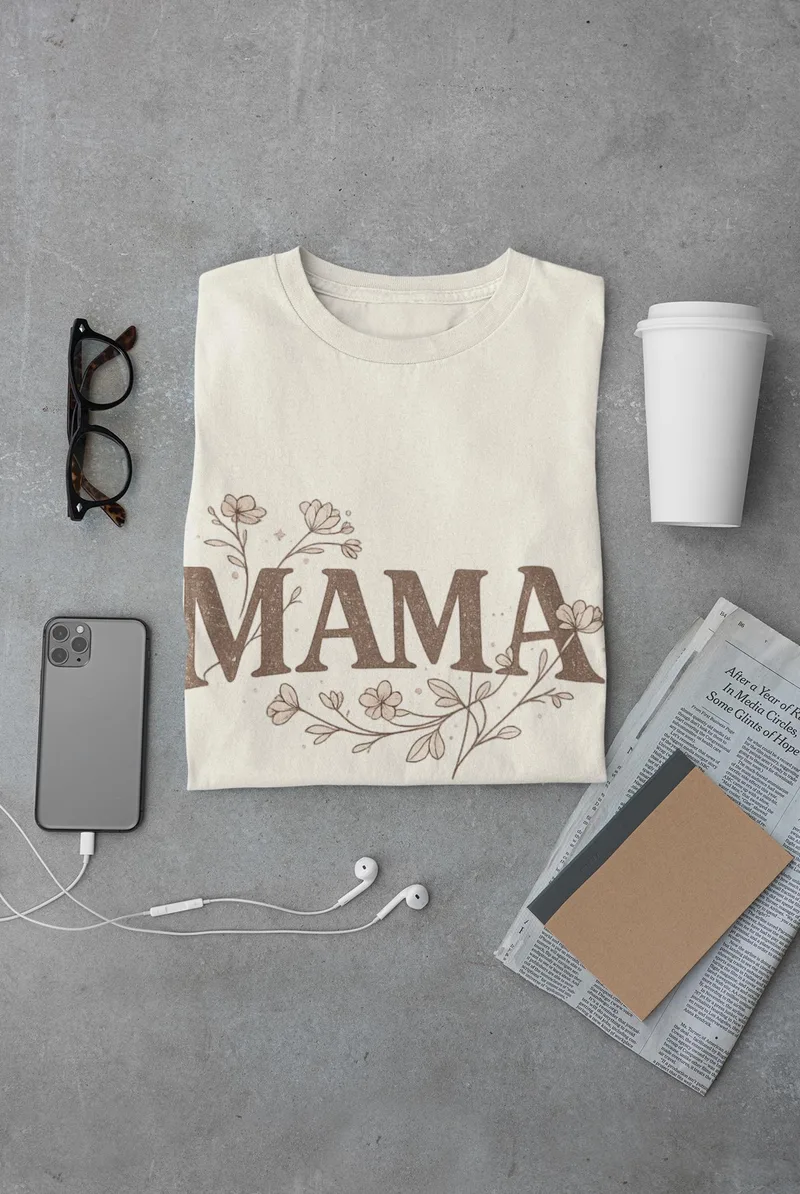 Boho floral Mama t-shirt with retro lettering and a wildflower motif