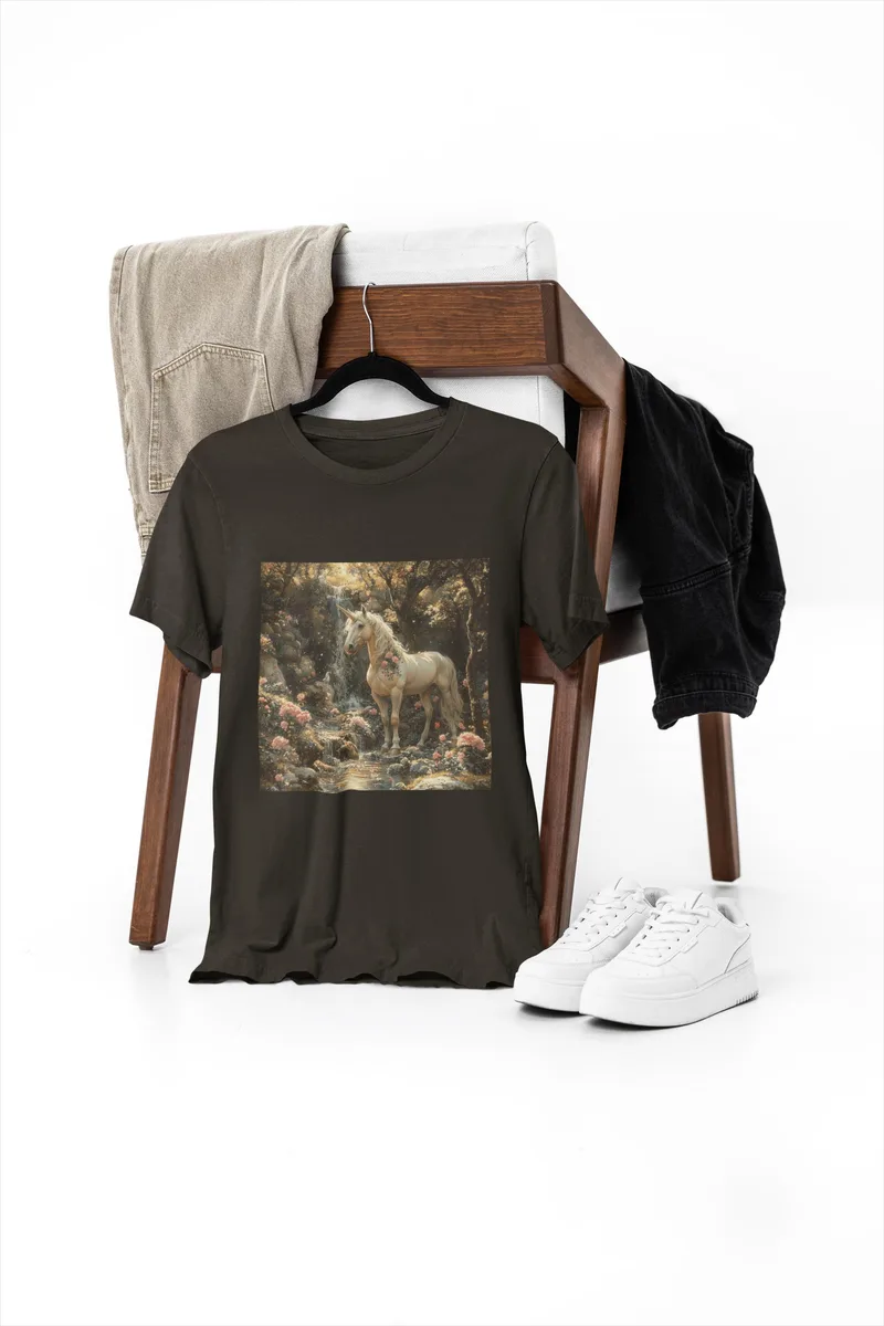 Whimsical t-shirt printed with unicorns among oversized flowers in an enchanted forest scene