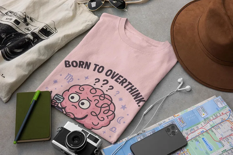 Virgo t-shirt with a cartoon of an overthinking brain