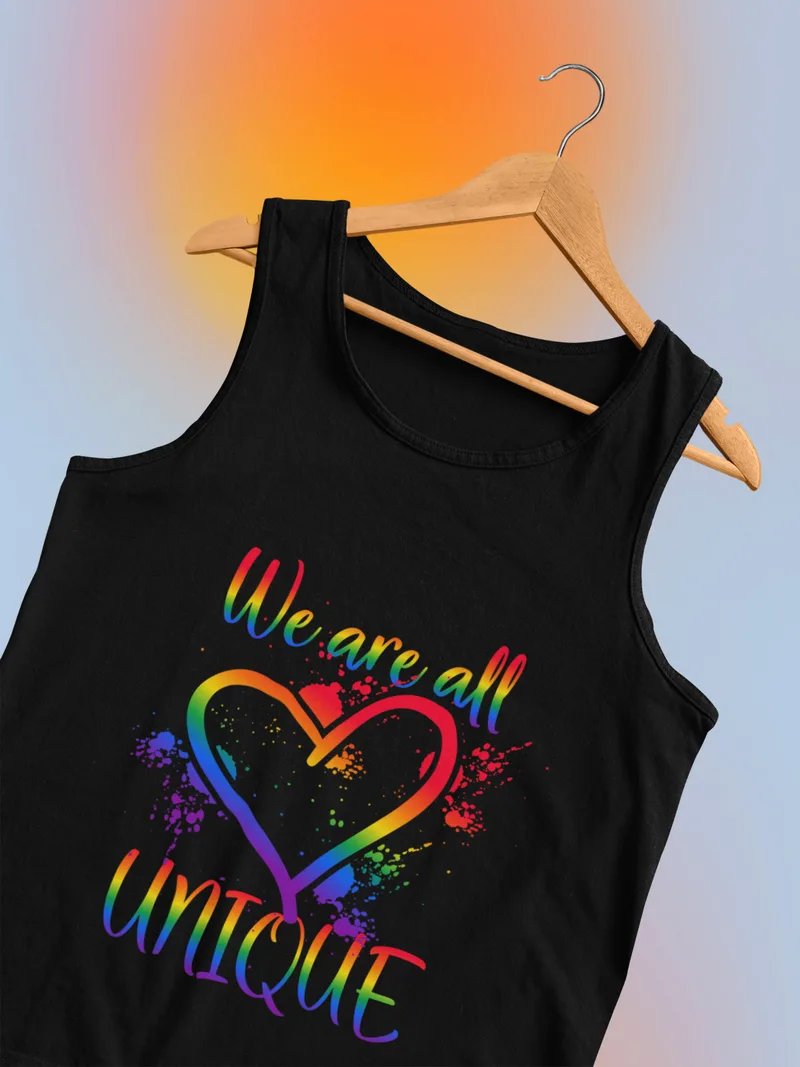 Tank top with a rainbow design and the text We are all unique