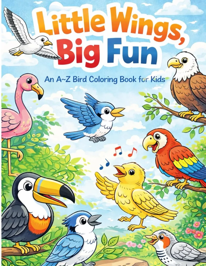 Cover of Little Wings, Big Fun, an A to Z bird coloring book for kids