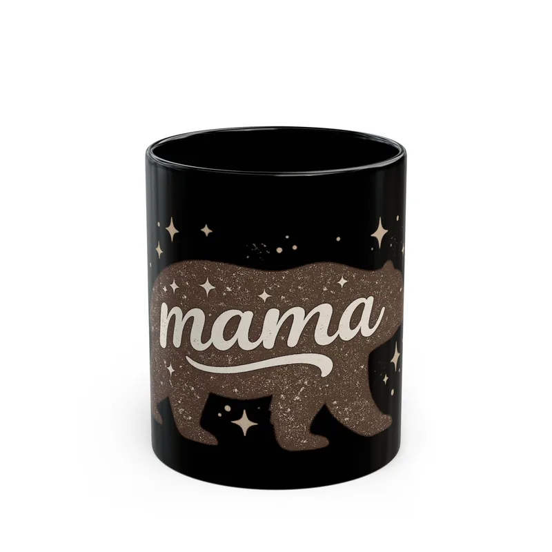 Black ceramic mug printed with a Mama Bear silhouette