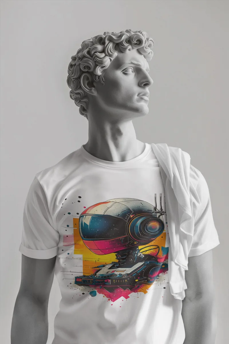 White t-shirt printed with a robot wearing headphones and holding a record player, surrounded by colourful paint splatters