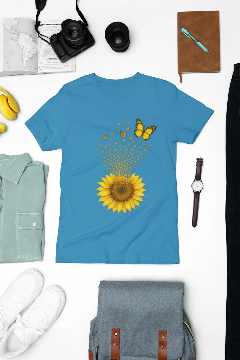 T-shirt printed with sunflowers and butterflies in a nature-inspired design