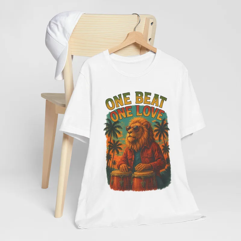 One Beat One Love music lover t-shirt with a bright graphic print
